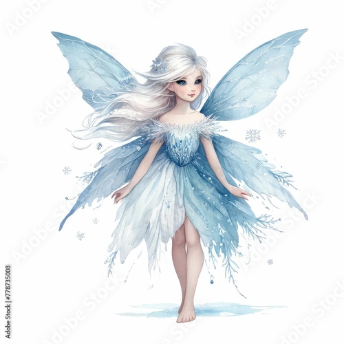 Ice fairy with a frosty appearance. watercolor illustration, Perfect for nursery art, Winter fairy portrait, 