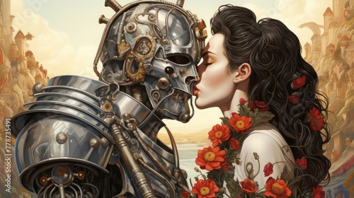Pretty young woman in dress with flowers kisses a cyborg in steel armors and iron mask, side view, abstract background. © junky_jess