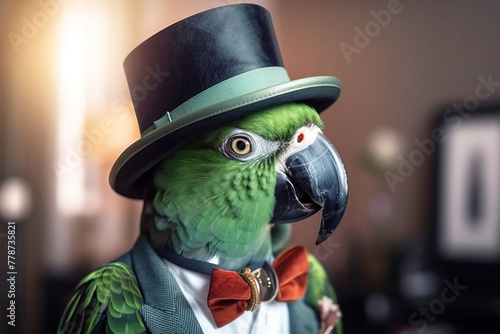 Mr green parrot gentleman in boss hat and scientist. AI generated. photo