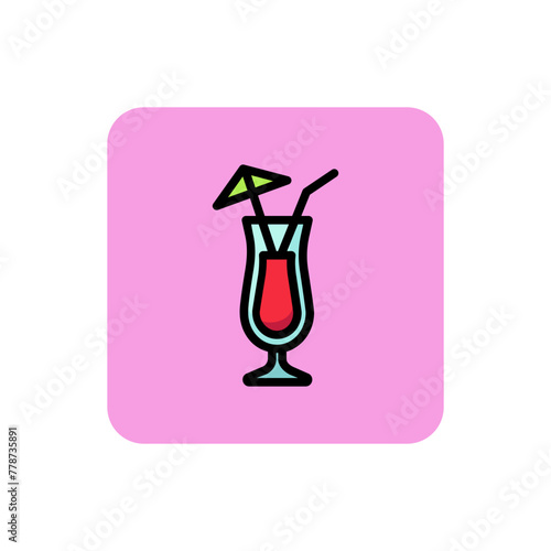 Icon of pina colada glass. Alcohol, straw, umbrella. Cocktail and celebration concept. Can be used for topics like festival, lounge, party.