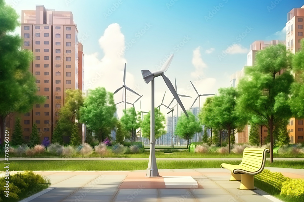 Wind generators among the city park and tall business buildings, next to the lake. AI generated.