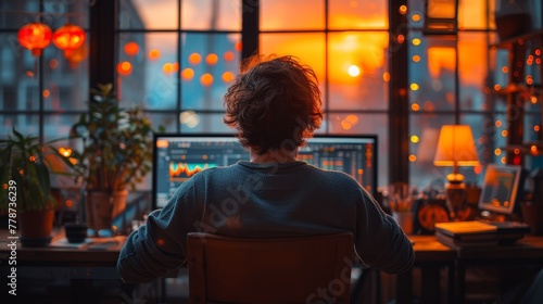 a person sitting in a chair in front of a desk with a computer and a plant in front of a window.