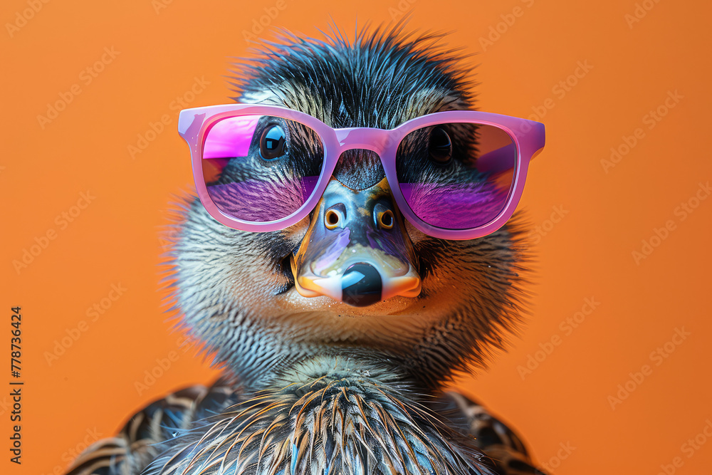 High definition photo of cute duck wearing pink sunglasses, orange background. Created with Ai