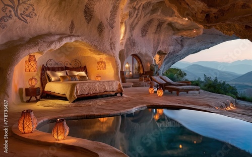 Cozy cave bedroom with lights, pool and landscaping