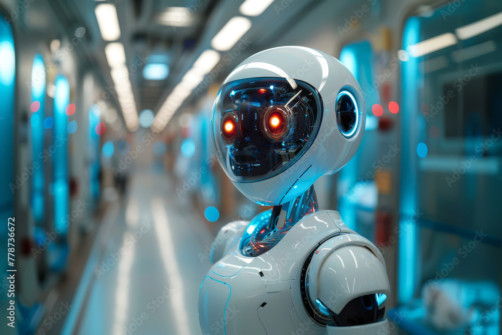 AI-Powered robotic medical assistant operates in modern facility, enhancing patient care. Advanced healthcare automation. Robot with artificial intelligence in the service of human AI-Powered robotic medical assistant operates in modern facility, enhancing patient care. Advanced healthcare automation. Robot with artificial intelligence in the service of human