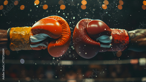 Boxing gloves touching in a fist bump in the ring, sportsmanship and competition concept. Design for boxing event poster or sportsmanship campaign photo