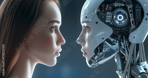 Young woman looking at female humanoid mecha robot. This is her digital biomechanical reflection in the future world. Artificial intelligence concept