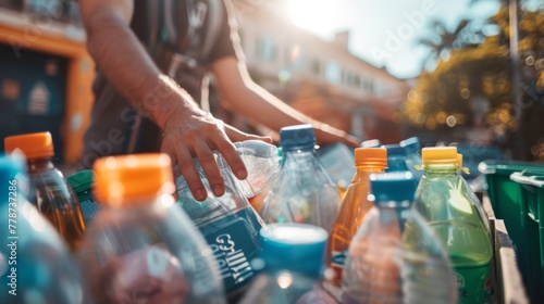 Person's hands sorting plastic bottles in a recycling bin on a sunny day, with a focus on the bottles and a blurred urban background.