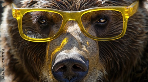 A bear wearing yellow glasses is staring at the camera