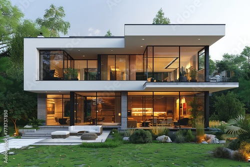  Modern two-story villa, with white walls and glass windows, featuring large floor-to-ceiling windows on the first floor of each story, and green lawns in front, neatly arranged with plants. 
