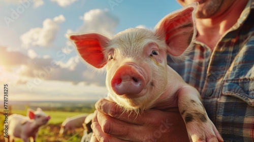 Close-up of a piglet being cradled by a smiling man in a checkered shirt with a sunlit field and sky in the background.