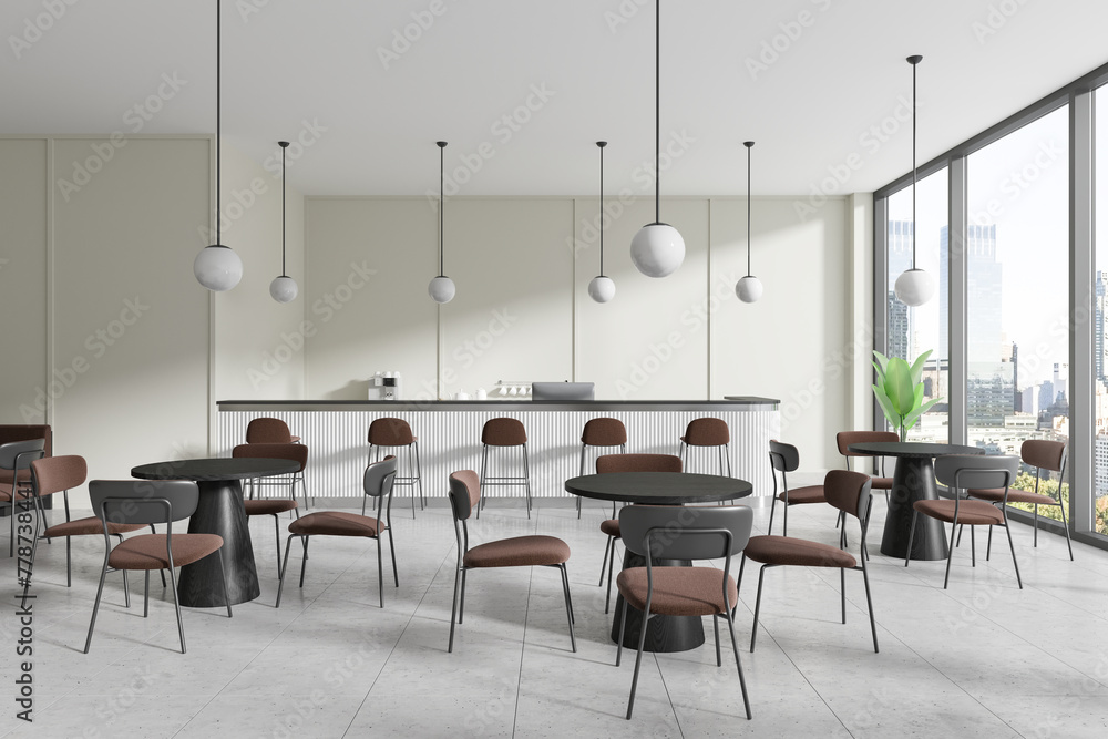 Fototapeta premium Modern cafe interior with tables and chairs, large windows offering a city view, in a light and clean graphic style, concept of dining space. 3D Rendering