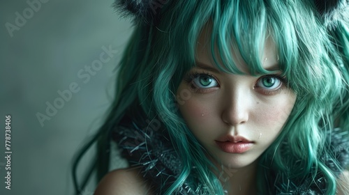 Wallpaper Mural a close up of a woman with green hair and a cat ears on top of her head and a cat ear on top of her head. Torontodigital.ca