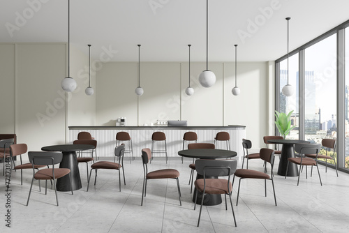 Modern cafe interior with tables and chairs  large windows offering a city view  in a light and clean graphic style  concept of dining space. 3D Rendering