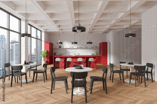 Modern kitchen interior with dining area, red cabinets, skyscraper city background, contemporary design, 3D Rendering.