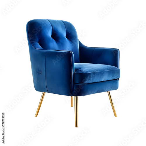 Electric blue velvet accent chair with gold metal legs, Transparent Background, PNG Format