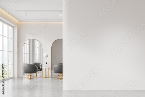 White beauty salon interior with armchairs, table near window. Mockup wall