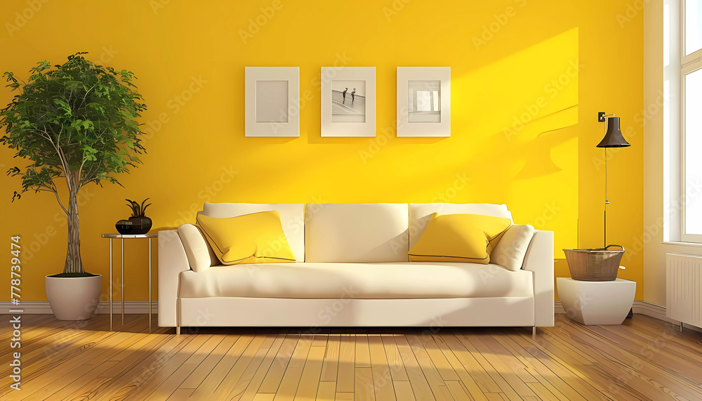 Obraz premium Interior living room cozy and comfortable in yellow design. Generative ai design concept art.