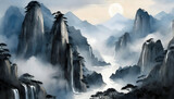 Mountain range landscape painting featuring cliffs, waterfalls, and blue smoke clouds in the Chines.
