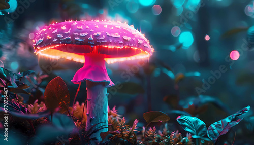 Glowing neon mushroom in forest. Generative ai design concept art.