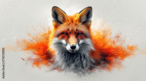 a close up of a red fox with orange and white spots on it's face and a white background. © Mikus