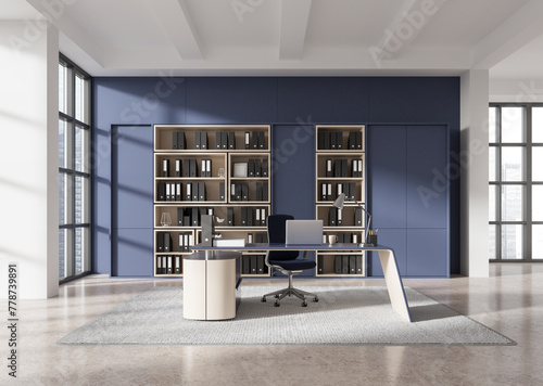 Blue CEO office interior with bookcase