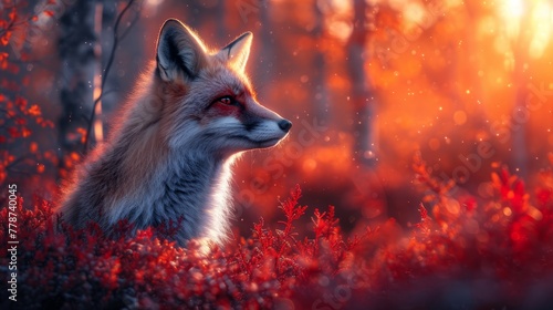 a close up of a fox in a field of grass with trees in the background and red leaves in the foreground.