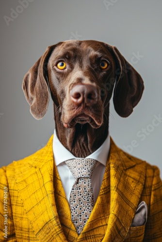 A dog is wearing a yellow suit and tie. The dog has a serious expression on its face © AW AI ART