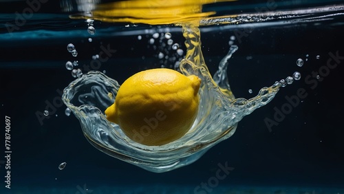 A juicy and ripe lemon drops into the water. photo