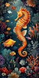 A colorful underwater scene with a yellow seahorse and several fish. Scene is lively and vibrant, with the bright colors of the fish and the seahorse creating a sense of energy and movement