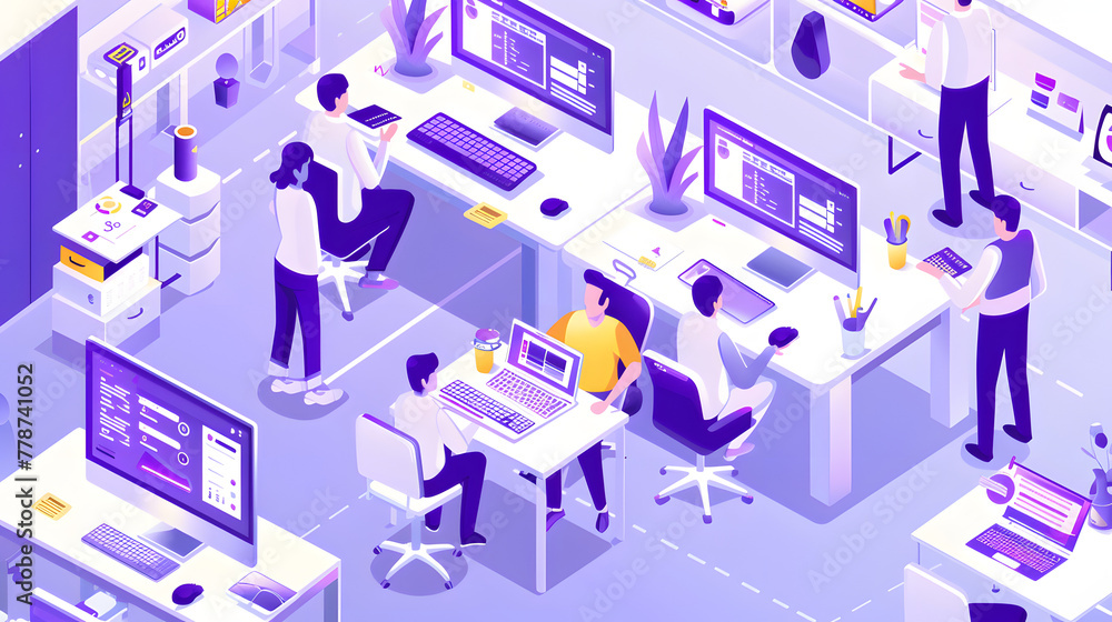 An isometric illustration of web designers creating websites in a creative agency