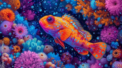 a painting of a fish in a sea of colorful corals and sea anemones with bubbles in the water.
