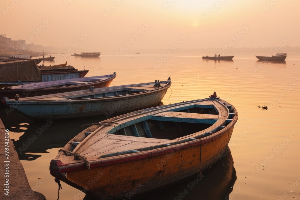 A tranquil scene of boats on the Indian river at Sunris, AI generated