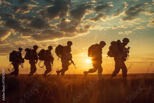 Military of soldiers walking on the war