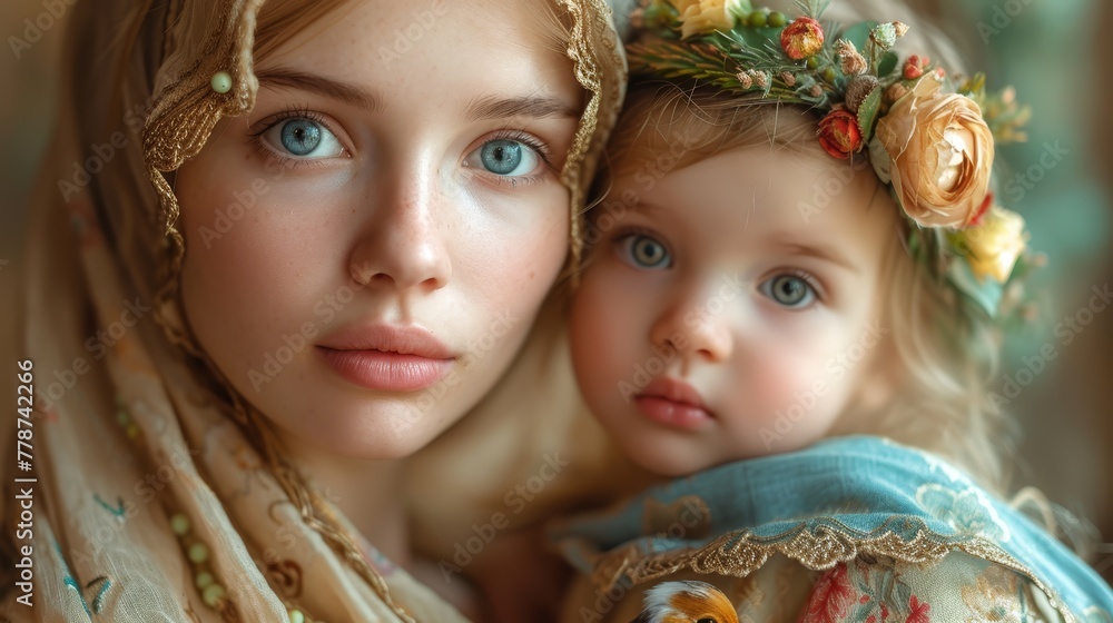 a close up of a child and a woman with a flower in her hair and a scarf around her head. a close up of a child and a woman with a flower in her hair and a scarf around her head.