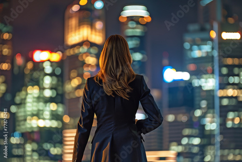 Rear View of a Businesswoman Walking Alone: Illuminating the Path to Success with City Night Lights Behind Her