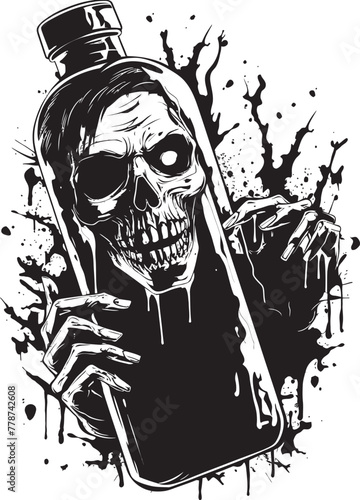 Macabre Mash Up Zombie with Whiskey Bottle Vector Emblem Rotgut Revival Zombie Holding Whiskey Bottle Vector Icon