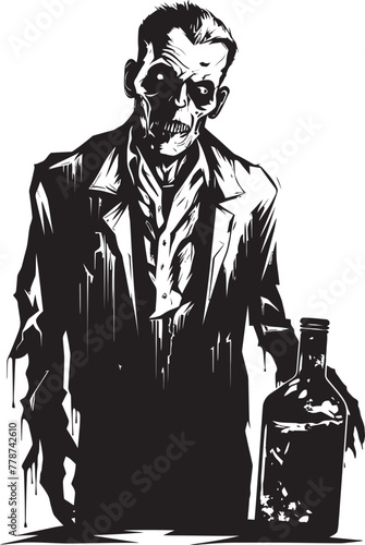 Whiskey of the Dead Zombie Embracing Bottle Vector Design Night of the Living Bourbon Zombie with Whiskey Bottle Vector Symbol