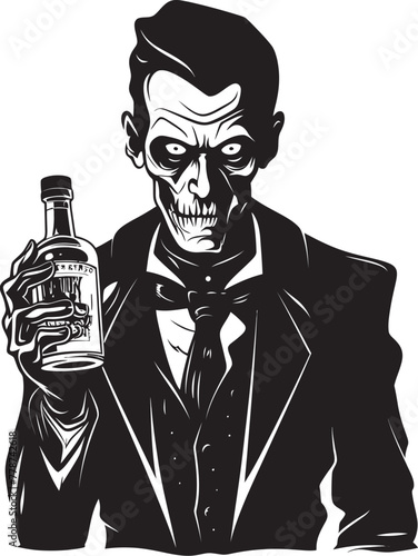 Night of the Living Bourbon Zombie with Whiskey Bottle Vector Symbol Graveyard Toast Zombie Raising Whiskey Bottle Vector Logo