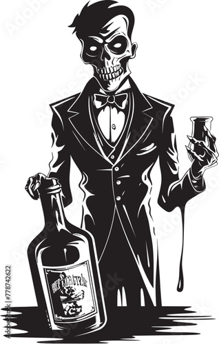 Graveyard Toast Zombie Raising Whiskey Bottle Vector Logo Eerie Elixirs Zombie Holding Whiskey Bottle Vector Illustration