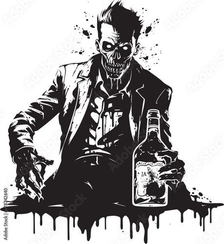 Macabre Mash Zombie Holding Whiskey Bottle Vector Emblem The Walking Drunk Zombie Whiskey Bottle Vector Logo Design