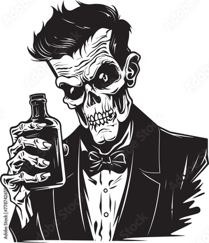 Macabre Mash Up Zombie with Whiskey Bottle Vector Emblem Rotgut Revival Zombie Holding Whiskey Bottle Vector Icon