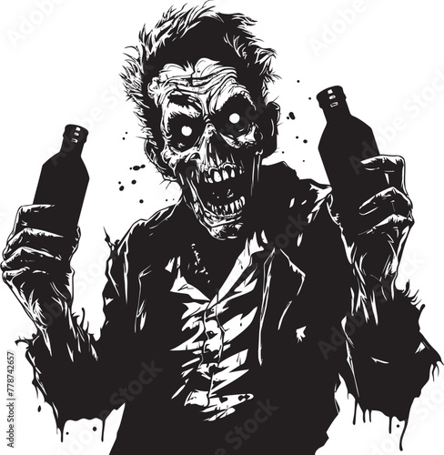 Undead Distillery Zombie Grasping Whiskey Bottle Vector Icon Macabre Mash Up Zombie with Whiskey Bottle Vector Emblem