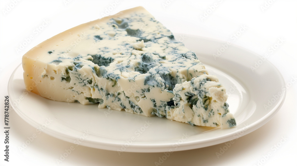 Gorgonzola cheese wedge on white plate. Blue veins, creamy contrast showcased. Design for rich, tangy ravioli fillings, depth of flavor concept.
