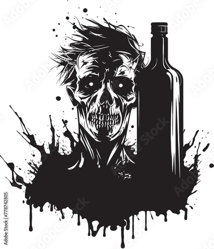 Night of the Living Bourbon Zombie with Whiskey Bottle Vector Symbol Graveyard Toast Zombie Raising Whiskey Bottle Vector Logo