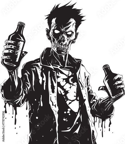 Zombie Bourbon Bliss Whiskey Bottle Vector Logo with Undead Twist Whiskey of the Dead Zombie Embracing Bottle Vector Design