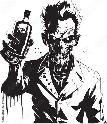 Graveyard Toast Zombie Raising Whiskey Bottle Vector Logo Eerie Elixirs Zombie Holding Whiskey Bottle Vector Illustration