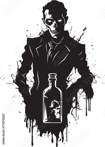 The Walking Drunk Zombie Whiskey Bottle Vector Logo Design Zombie Barkeep Whiskey Bottle Vector Logo with Undead Server