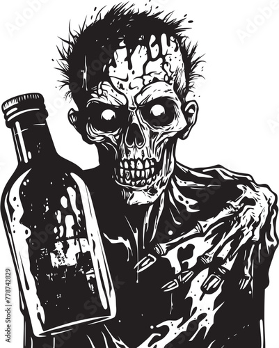 Macabre Mash Up Zombie with Whiskey Bottle Vector Emblem Rotgut Revival Zombie Holding Whiskey Bottle Vector Icon