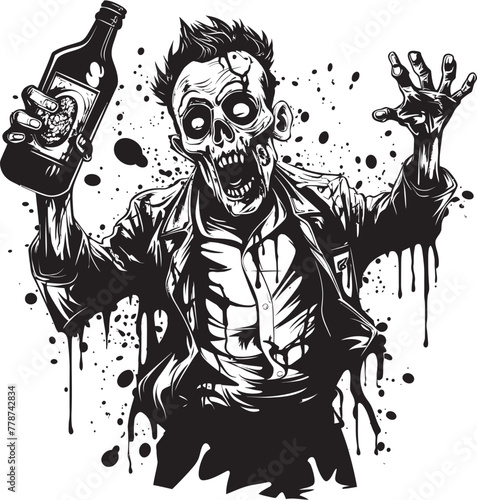 Undead Distillery Zombie Grasping Whiskey Bottle Vector Icon Macabre Mash Up Zombie with Whiskey Bottle Vector Emblem